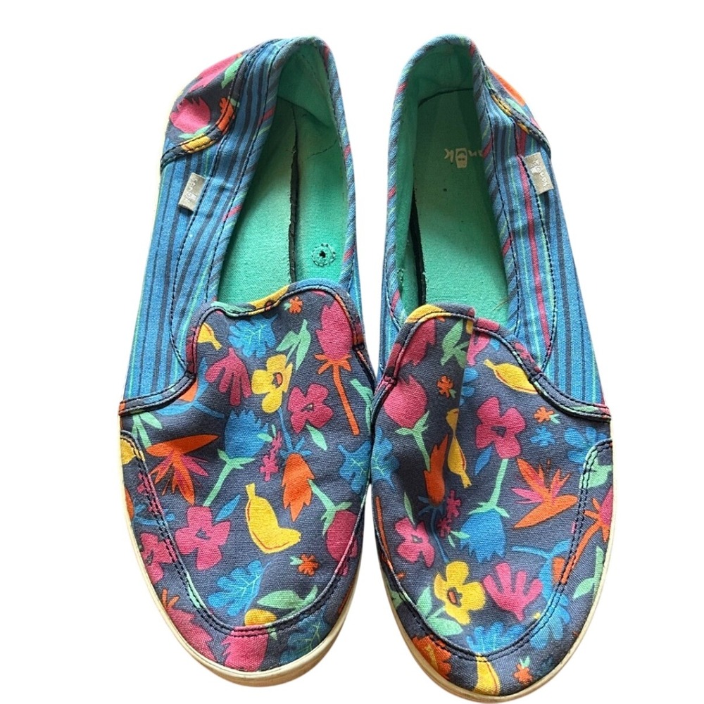 Sanuk Slip On Shoes Womens Blue Floral Stripe Canvas Sneakers 1019794 Size 10